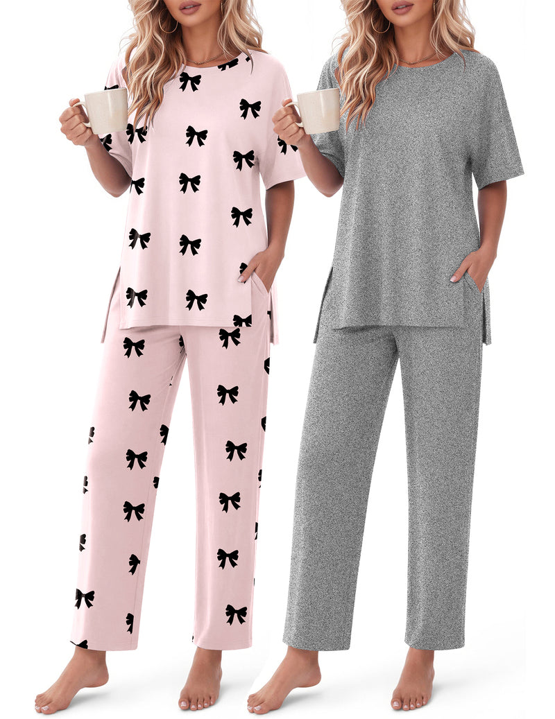 2-piece lounge set in light pink with black bows and heather grey, short-sleeve tops
