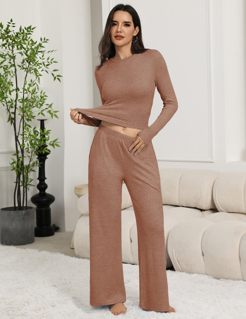 Two-piece lounge set with long-sleeve crew top and wide-leg pants in dusty rose
