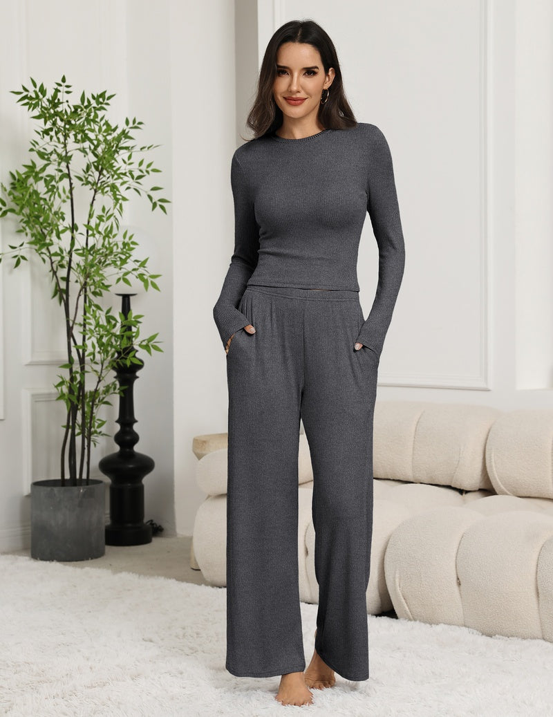 Two-piece lounge set with long-sleeve crew top and wide-leg pants in dark gray
