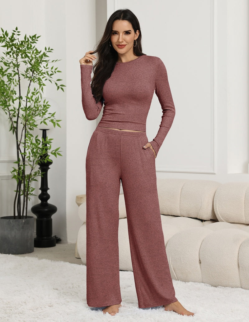 Two-piece lounge set with long-sleeve crew top and wide-leg pants in mauve