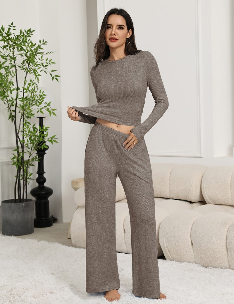 Two-piece lounge set with long-sleeve crew top and wide-leg pants in gray-brown