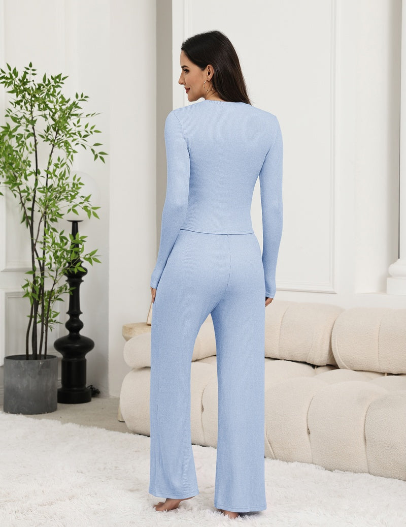 Light blue lounge set with long-sleeve crewneck top and wide-leg pants
