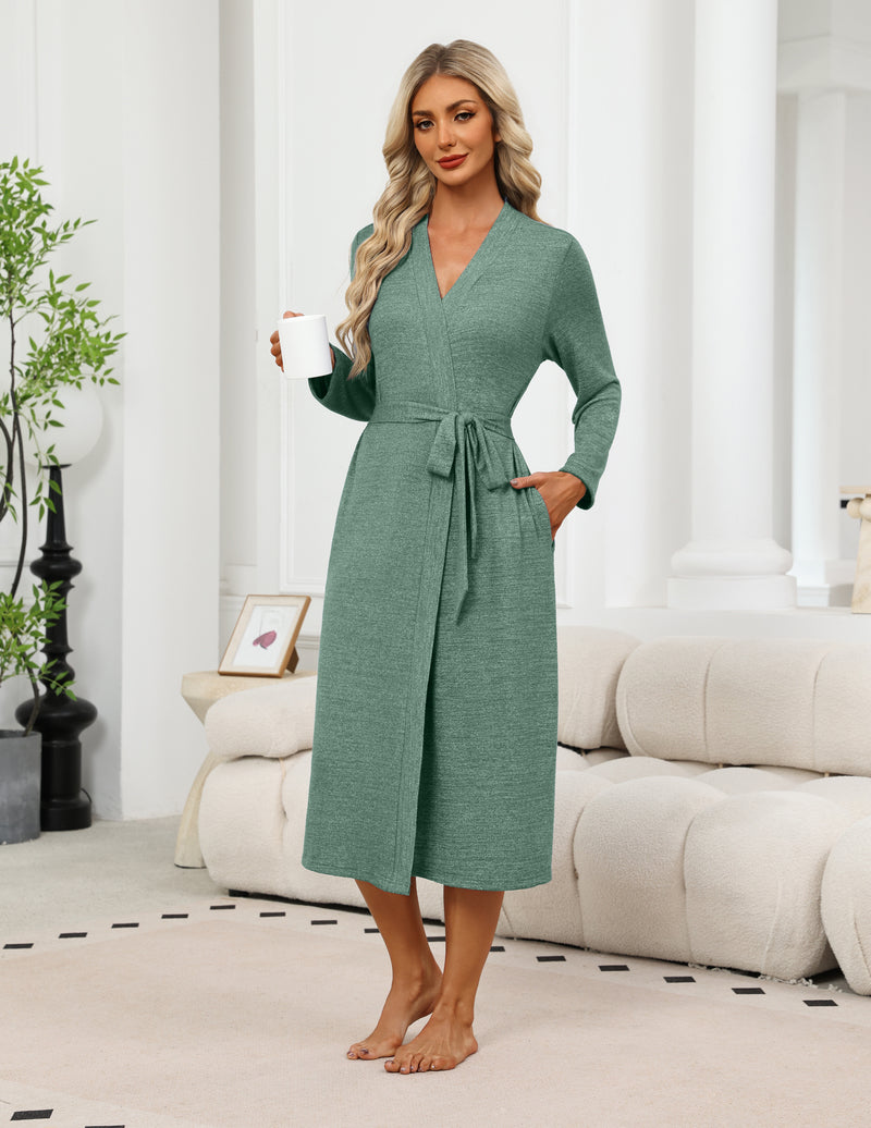 Soft Knit Long Lightweight Bathrobe with Pockets & Belt