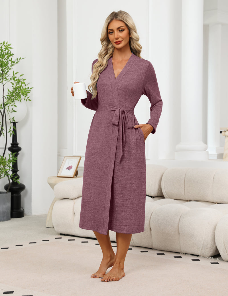 Soft Knit Long Lightweight Bathrobe with Pockets & Belt