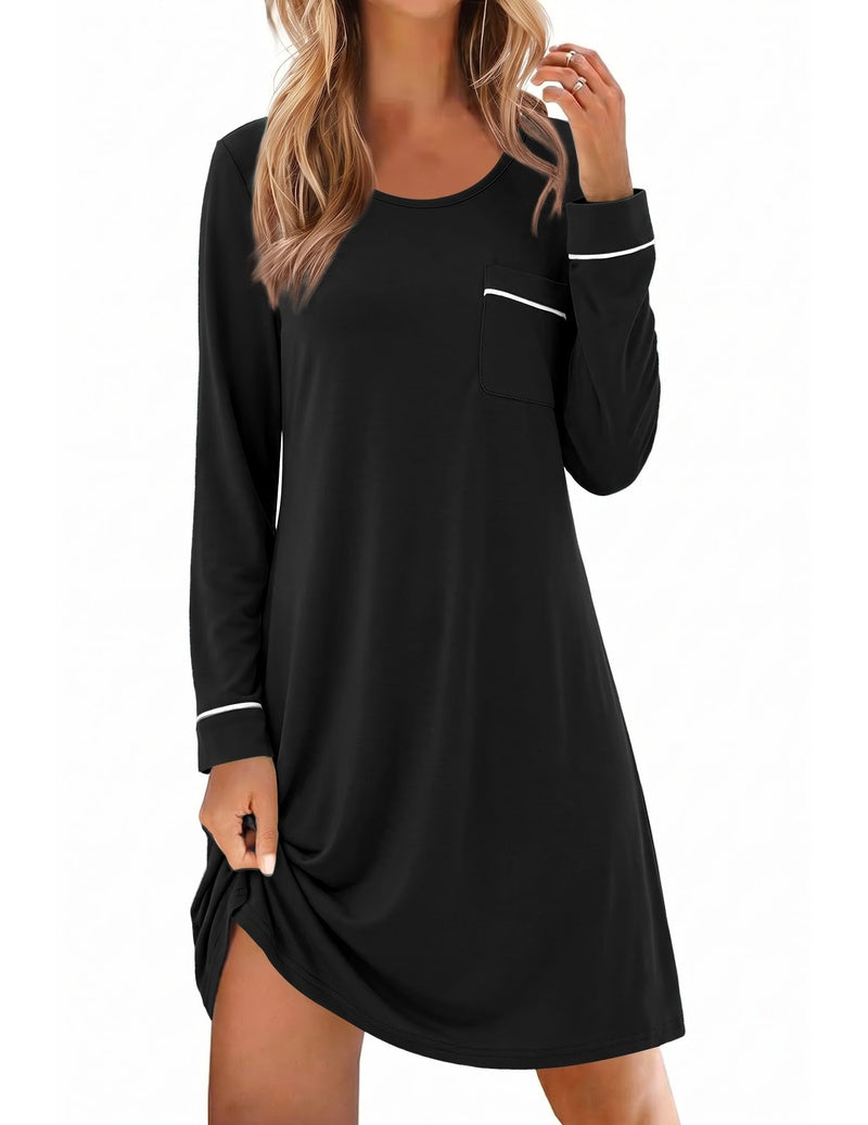 Black knit long-sleeve crewneck sleep dress with chest pocket and white cuff trim