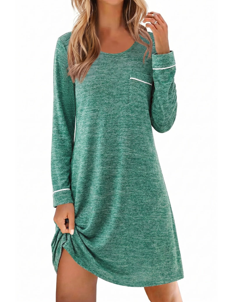Teal knit long-sleeve crewneck sleep dress with chest pocket and white cuff stripe
