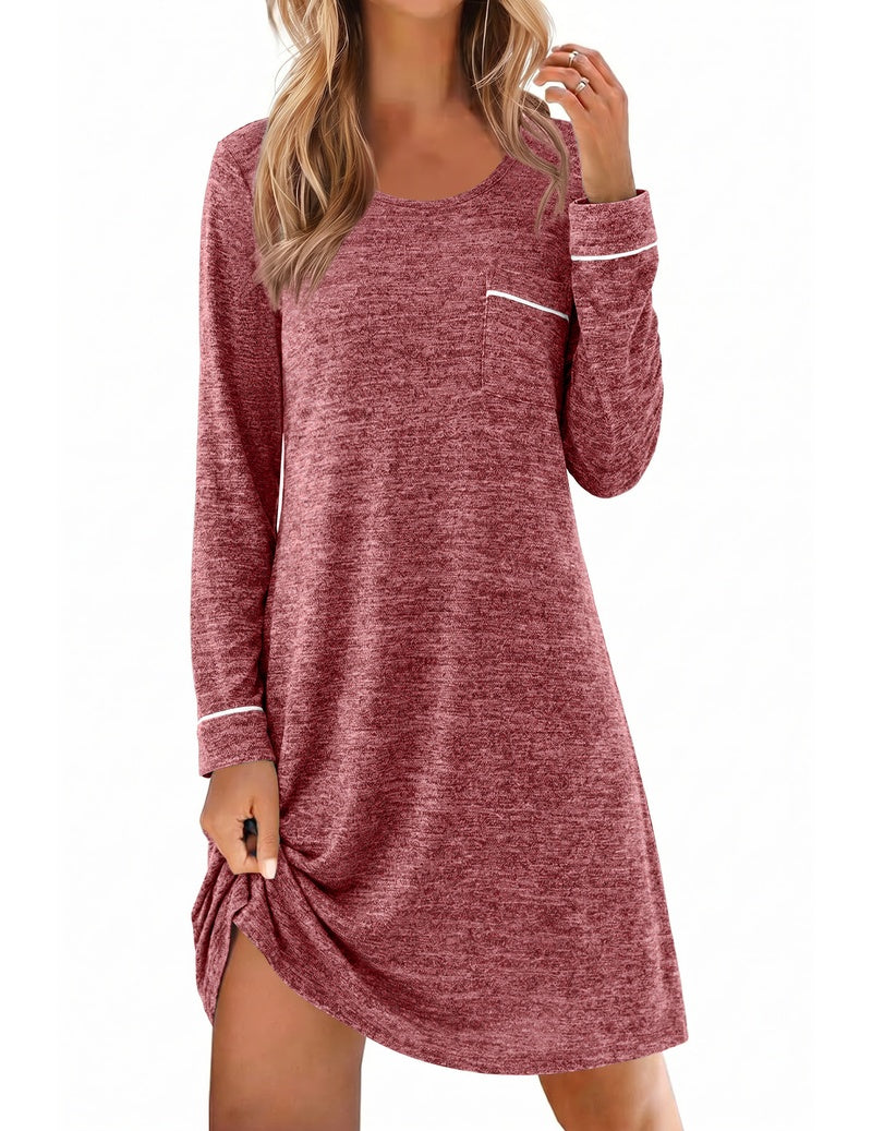Burgundy knit long-sleeve crewneck sleep dress with chest pocket and white cuff stripe