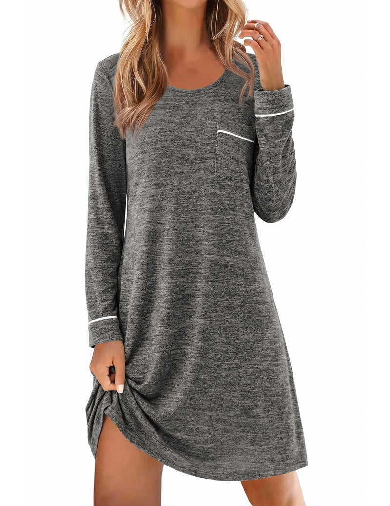Charcoal grey knit long-sleeve crewneck sleep dress with chest pocket and side slit hem