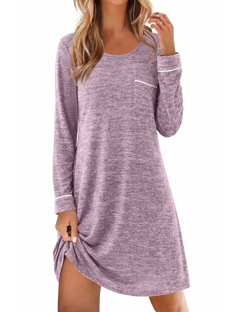 Lavender knit long-sleeve crewneck sleep dress with chest pocket and white cuff trim