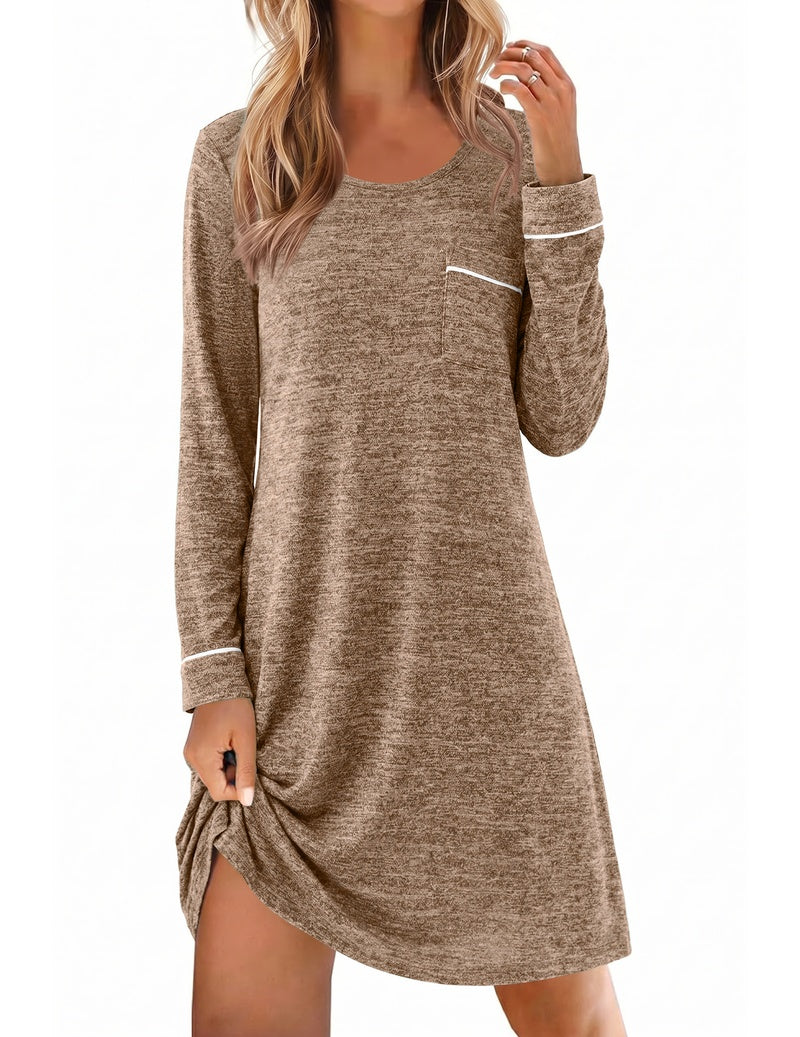 Khaki knit long-sleeve crewneck sleep dress with chest pocket and white cuff stripe