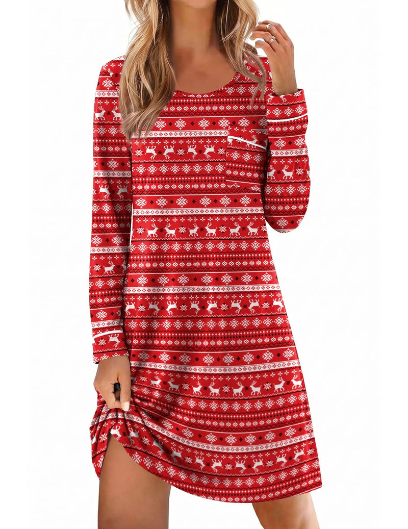 Red Christmas reindeer print soft knit crewneck long-sleeve sleep dress with side slit