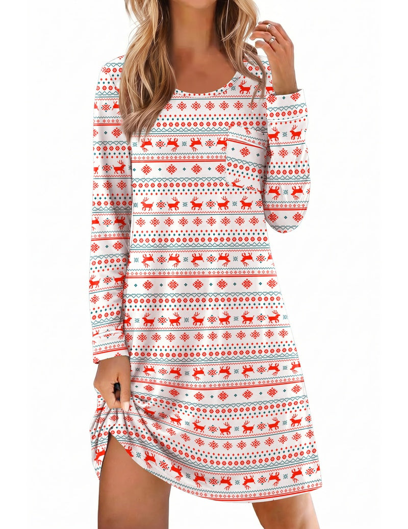 White Christmas reindeer print soft knit crewneck long-sleeve sleep dress with side slit