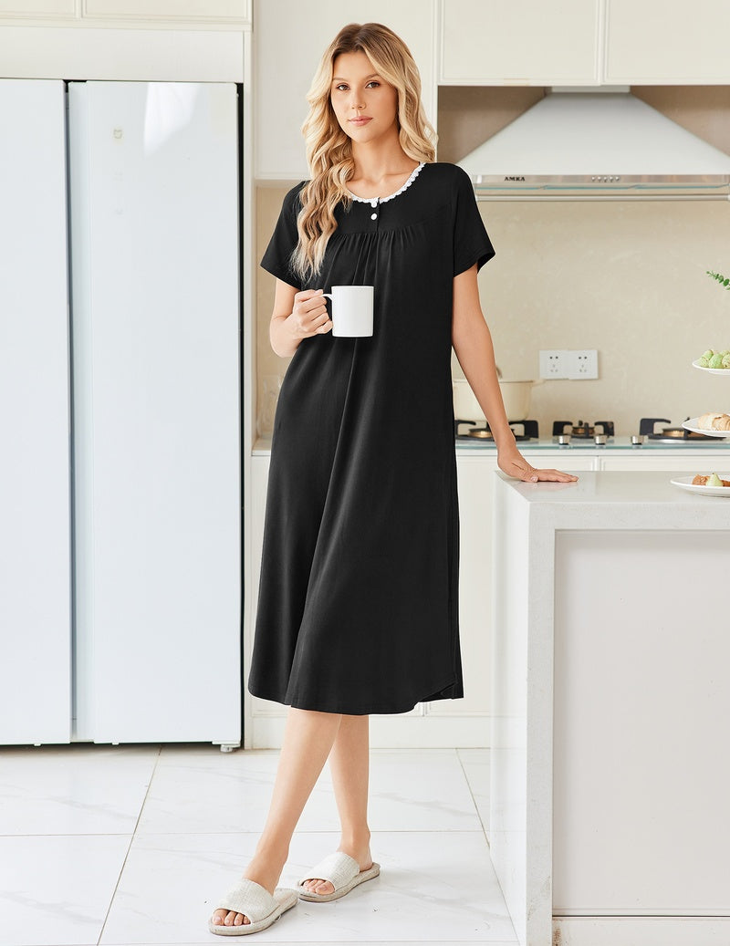 Black pleated henley nightgown with short sleeves and front pocket