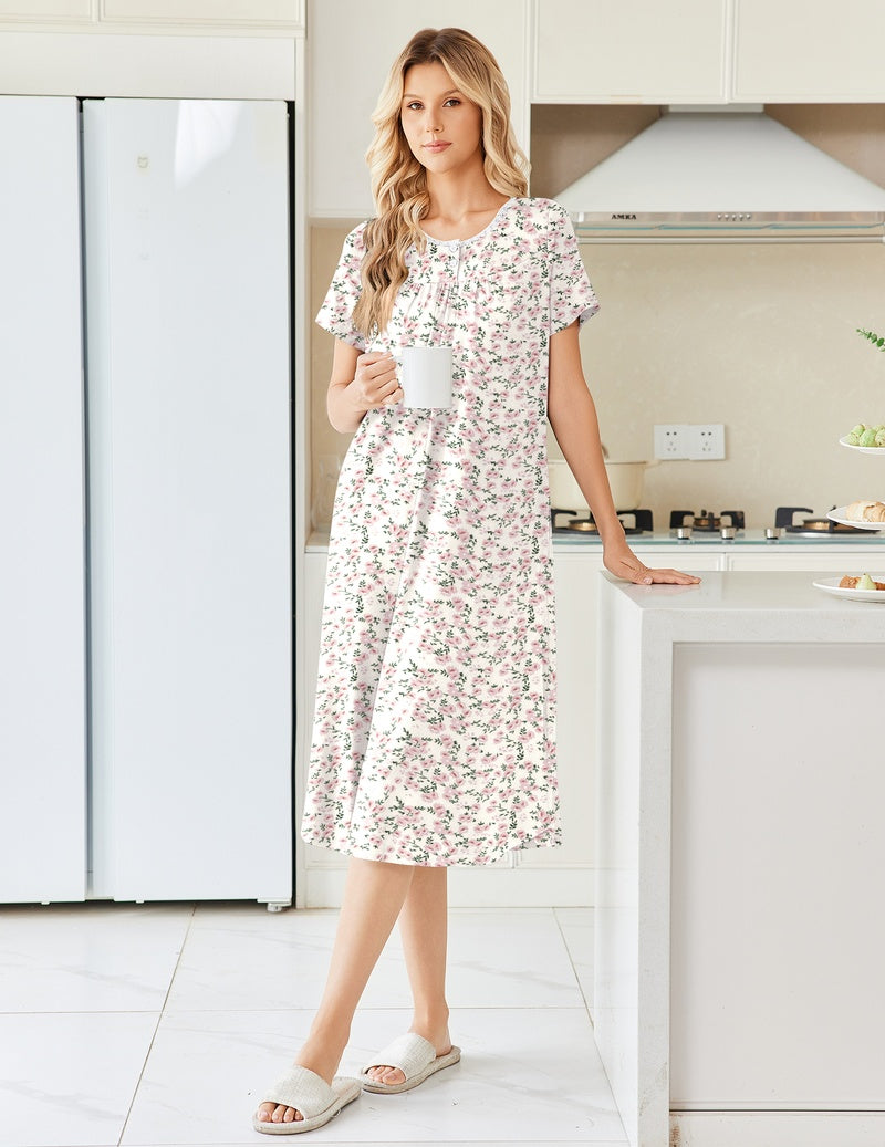 White with pink floral pleated henley nightgown with short sleeves and pocket