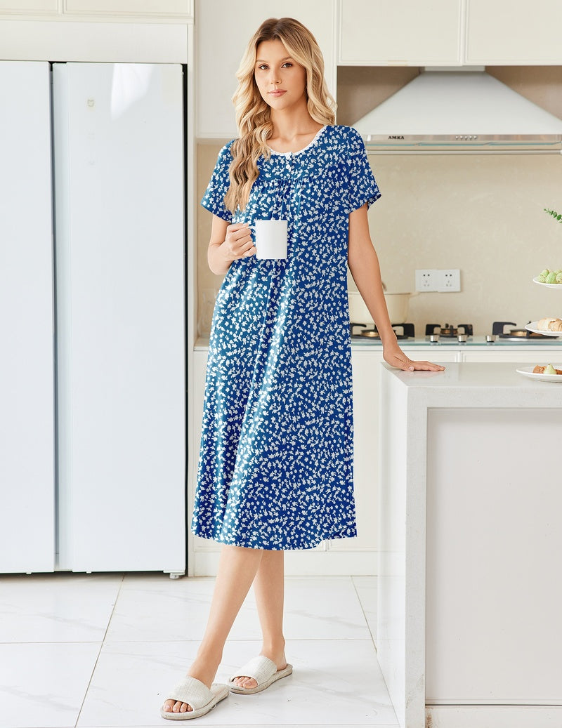 Blue mini-floral pleated henley nightgown with short sleeves and pocket
