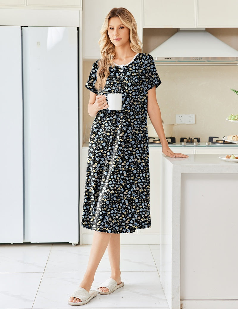 Black floral pleated henley nightgown with short sleeves and front pocket