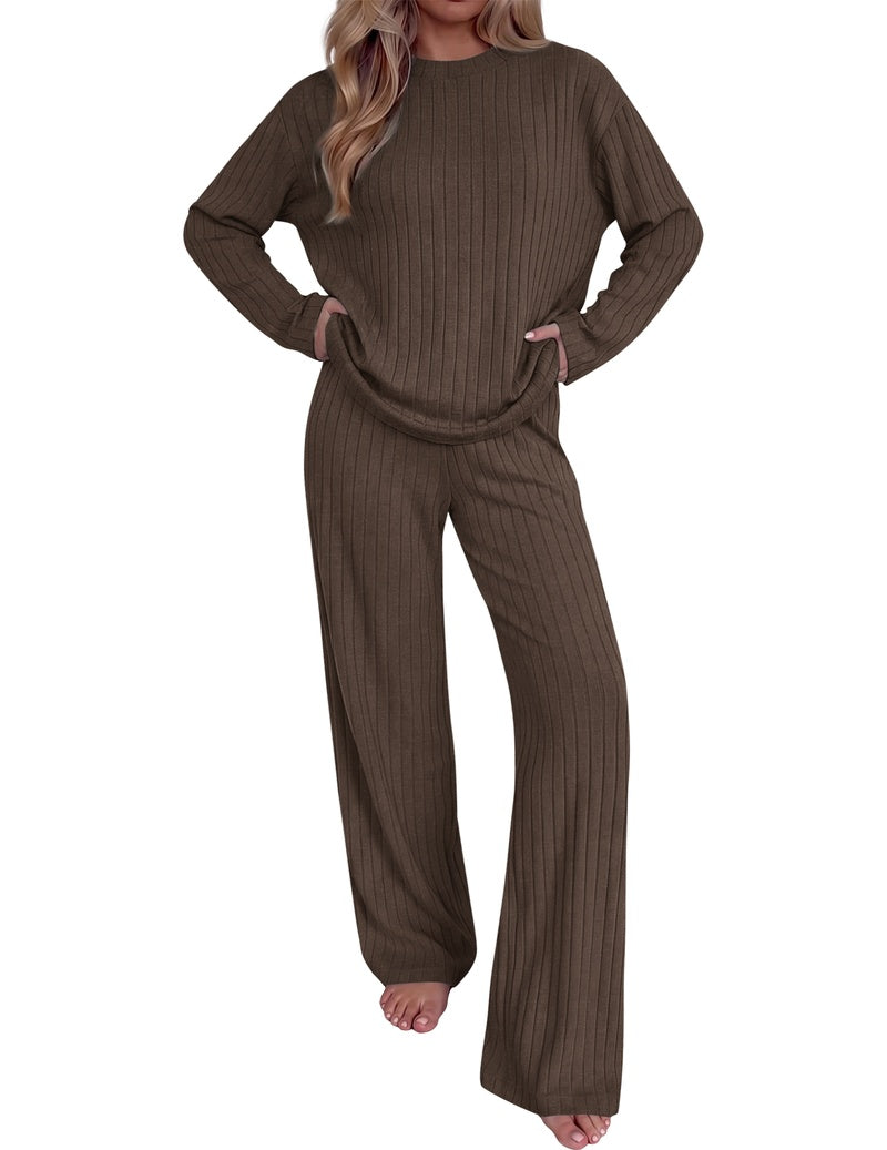 Ribbed mock neck long-sleeve top and wide-leg pants set in taupe brown