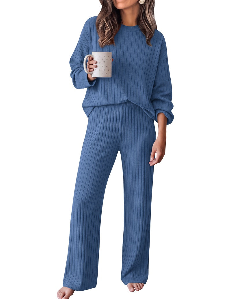 Ribbed mock neck long-sleeve top and wide-leg pants set in blue