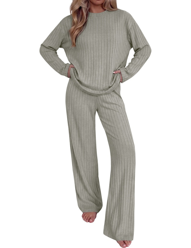 Muted green ribbed knit mock neck long-sleeve top with wide-leg pants set
