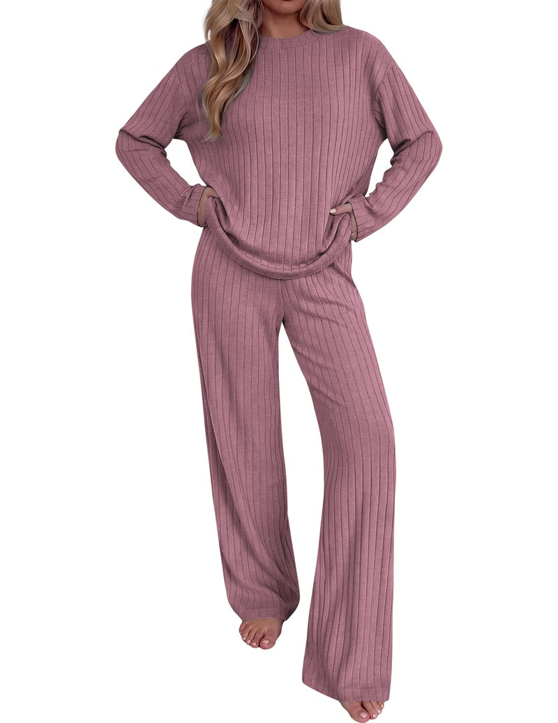 Mauve ribbed knit mock neck long-sleeve top with wide-leg pants set