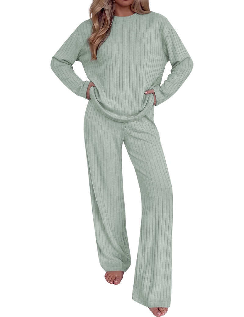 Light green ribbed knit mock neck long-sleeve top with wide-leg pants set