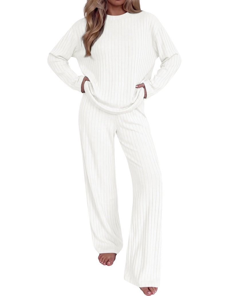White ribbed knit mock neck long-sleeve top with wide-leg pants set