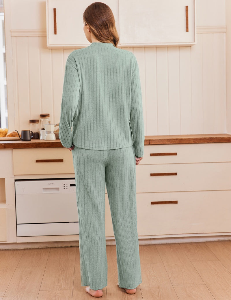 Muted teal ribbed knit mock neck long-sleeve top with wide-leg pants set