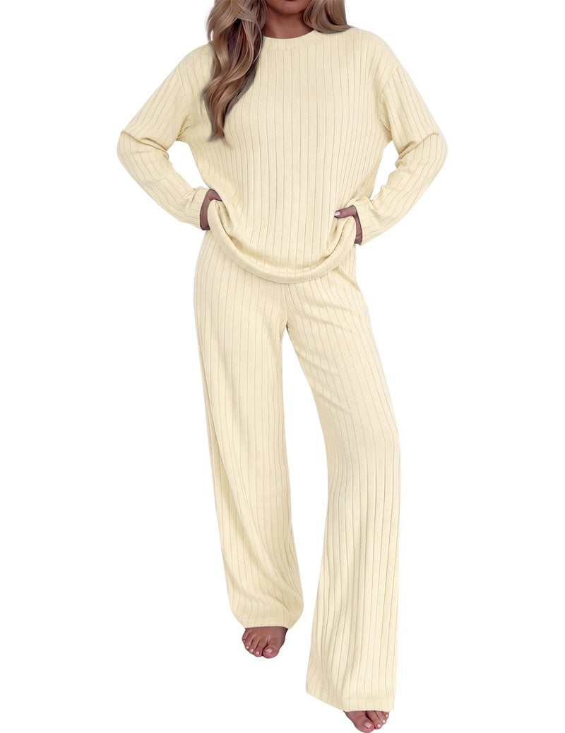Cream ribbed knit mock neck long-sleeve top with wide-leg pants set