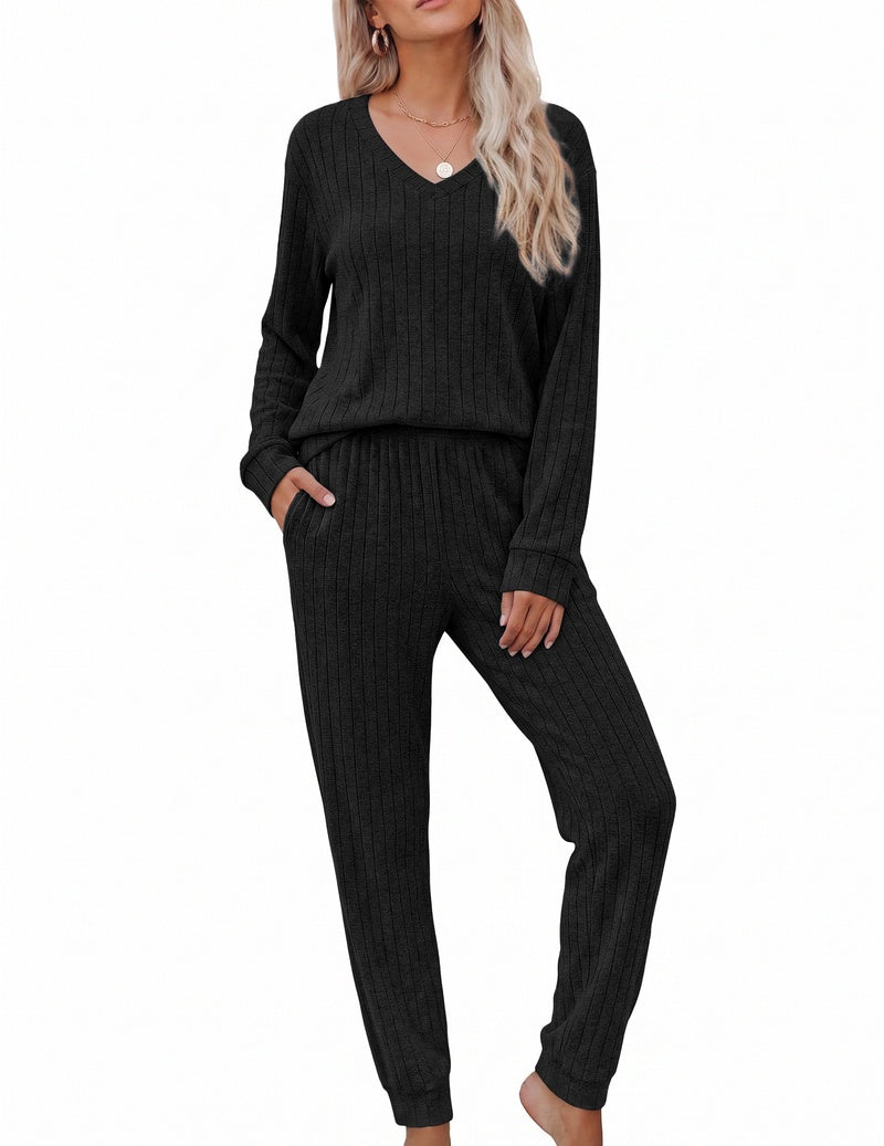 Black ribbed knit V-neck long sleeve top with matching jogger pants lounge set