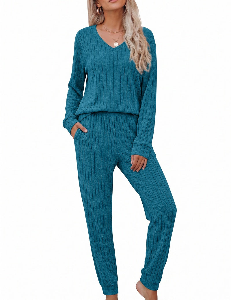 Teal ribbed knit V-neck long sleeve top with matching jogger pants lounge set