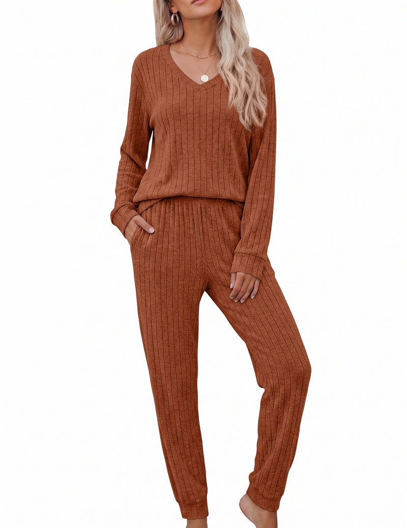 Rust brown ribbed knit V-neck long sleeve top with matching jogger pants lounge set