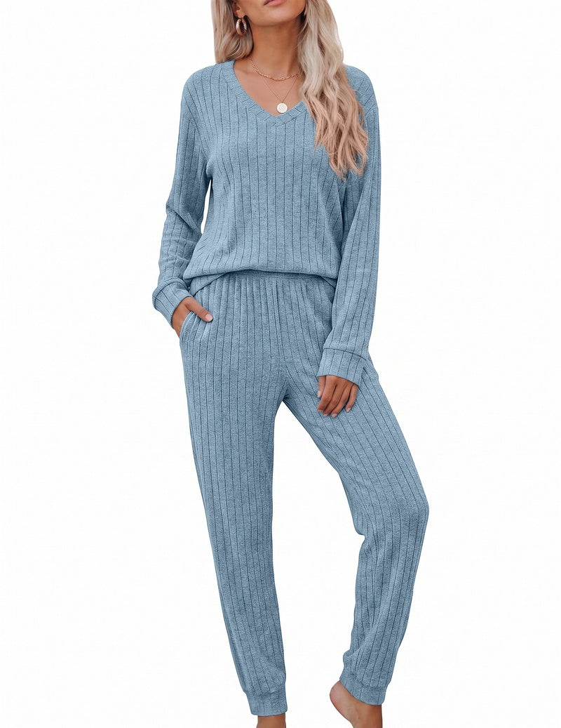 Light blue ribbed knit V-neck long sleeve top with matching jogger pants lounge set