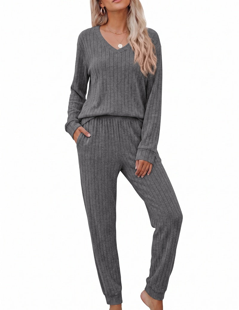 Dark gray ribbed knit V-neck long sleeve top with matching jogger pants lounge set