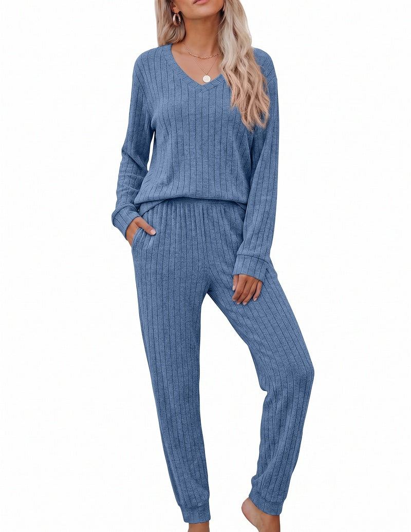 Medium blue ribbed knit V-neck long sleeve top with matching jogger pants lounge set