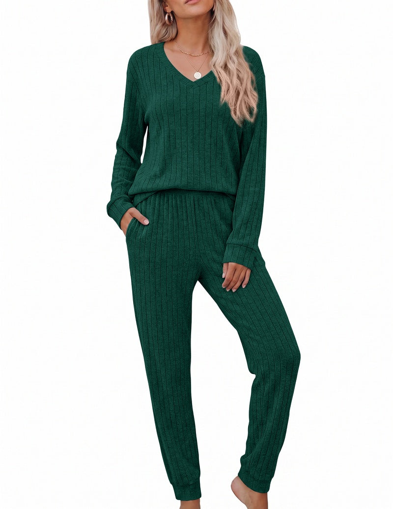 Forest green ribbed knit V-neck long sleeve top with matching jogger pants lounge set