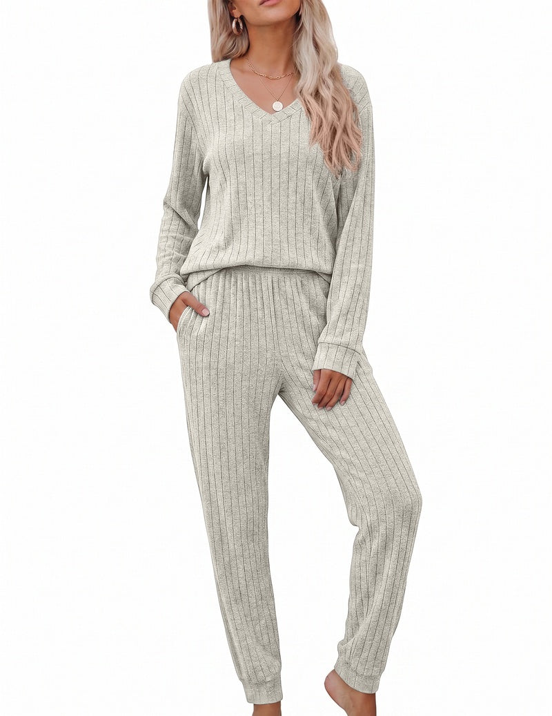 Light gray ribbed knit V-neck long sleeve top with matching jogger pants lounge set