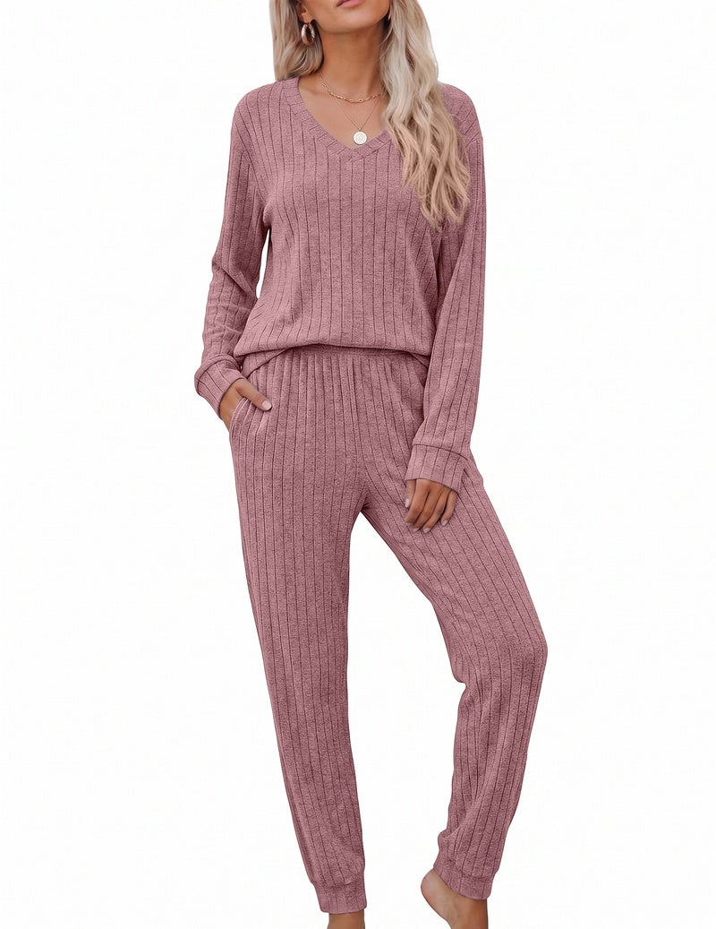 Dusty rose ribbed knit V-neck long sleeve top with matching jogger pants lounge set
