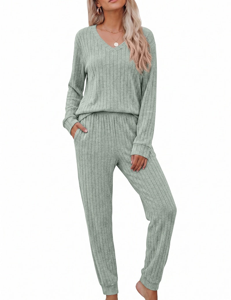 Sage green ribbed knit V-neck long sleeve top with matching jogger pants lounge set