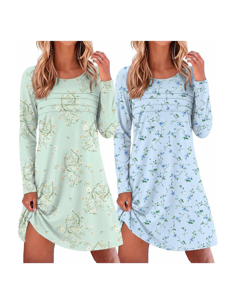 Ekouaer 2-Pack Long Sleeve Nightgowns Soft Sleepshirt Pajama Dress