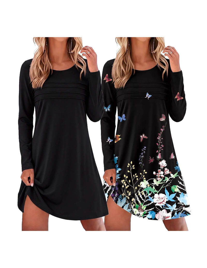 Ekouaer 2-Pack Long Sleeve Nightgowns Soft Sleepshirt Pajama Dress