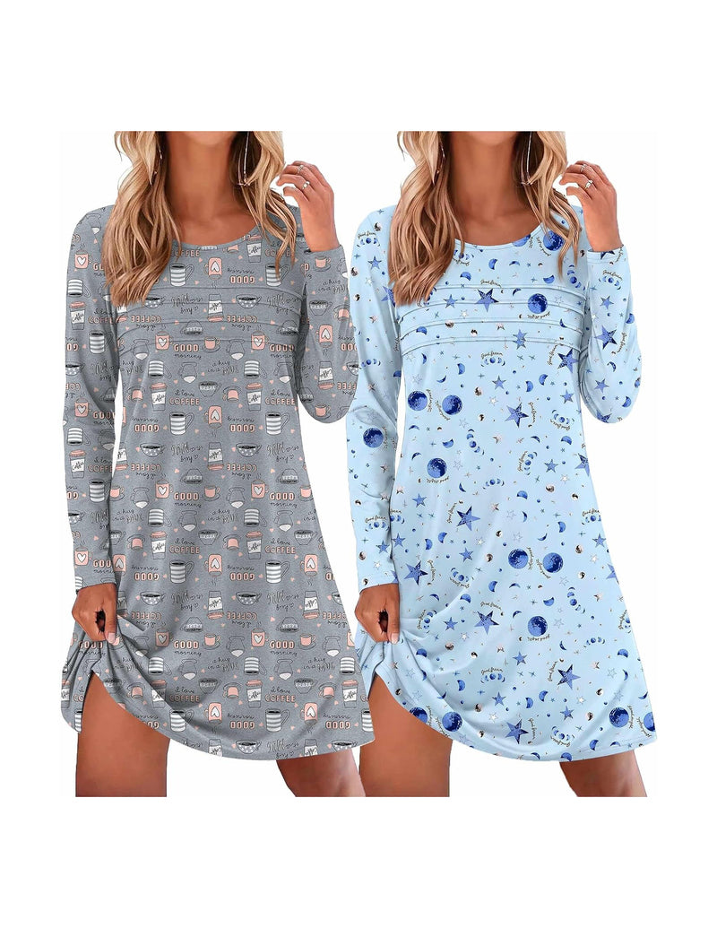 Ekouaer 2-Pack Long Sleeve Nightgowns Soft Sleepshirt Pajama Dress