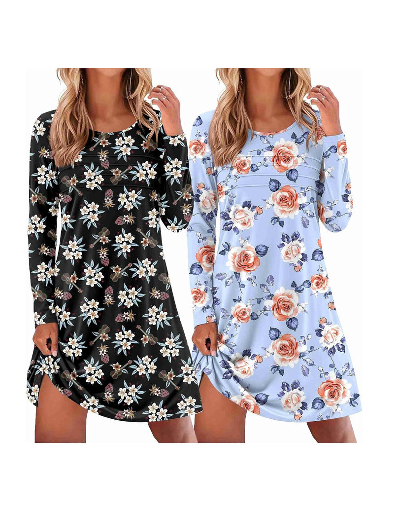 Ekouaer 2-Pack Long Sleeve Nightgowns Soft Sleepshirt Pajama Dress