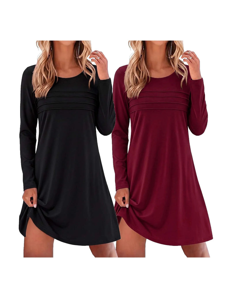 Ekouaer 2-Pack Long Sleeve Nightgowns Soft Sleepshirt Pajama Dress