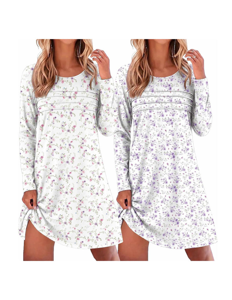 Ekouaer 2-Pack Long Sleeve Nightgowns Soft Sleepshirt Pajama Dress