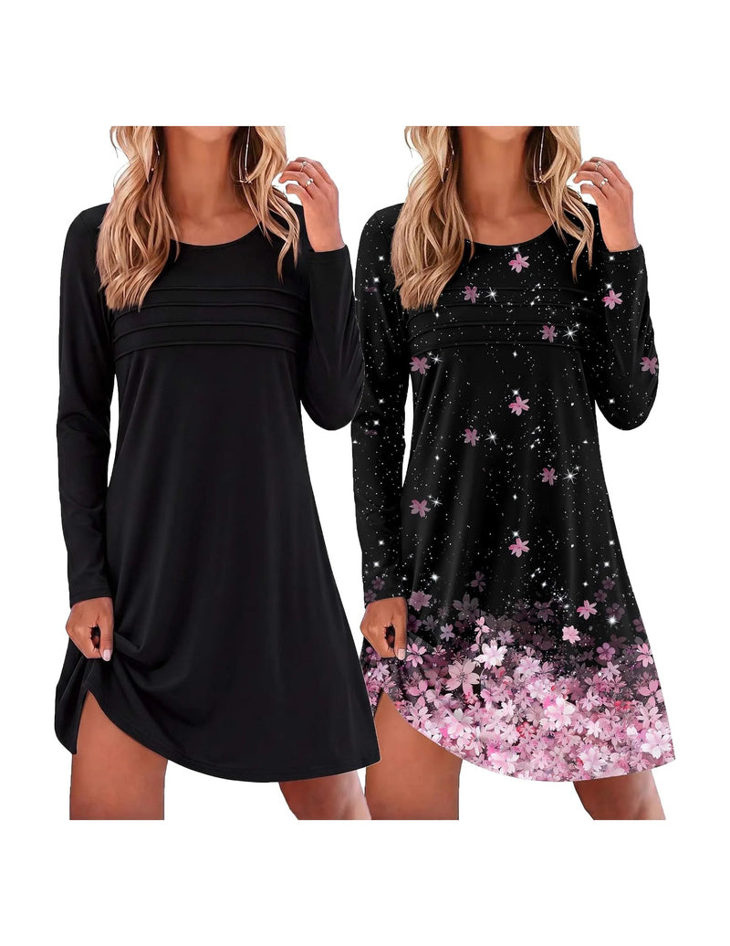 Ekouaer 2-Pack Long Sleeve Nightgowns Soft Sleepshirt Pajama Dress