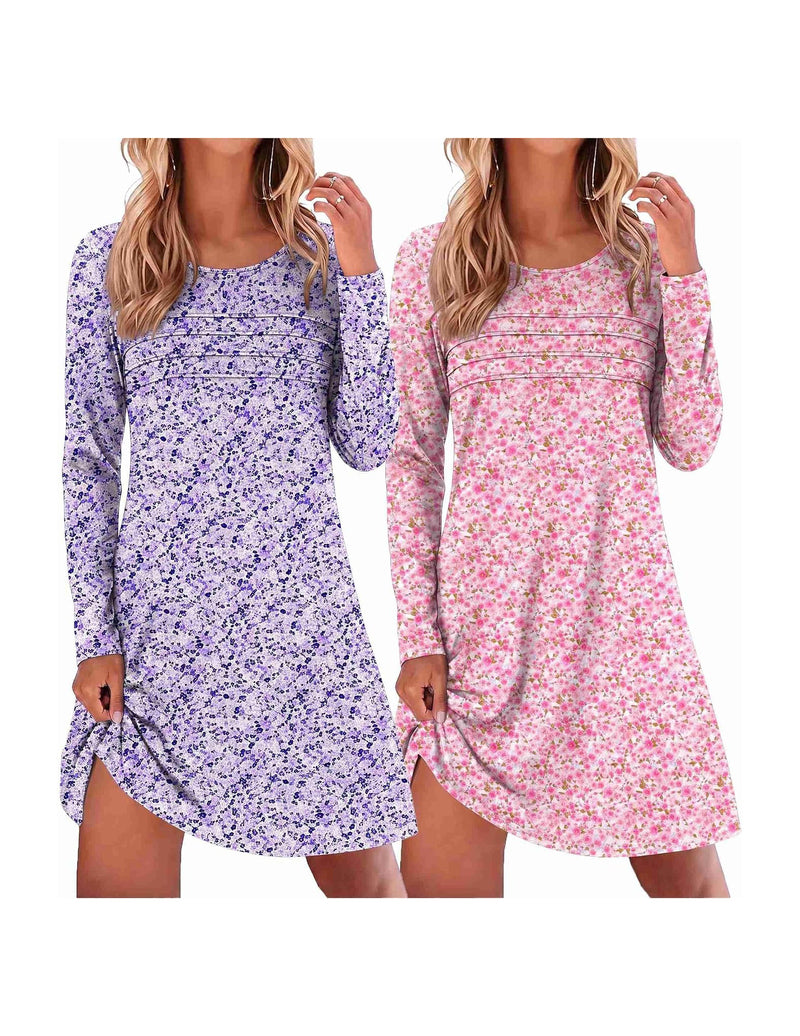 Ekouaer 2-Pack Long Sleeve Nightgowns Soft Sleepshirt Pajama Dress