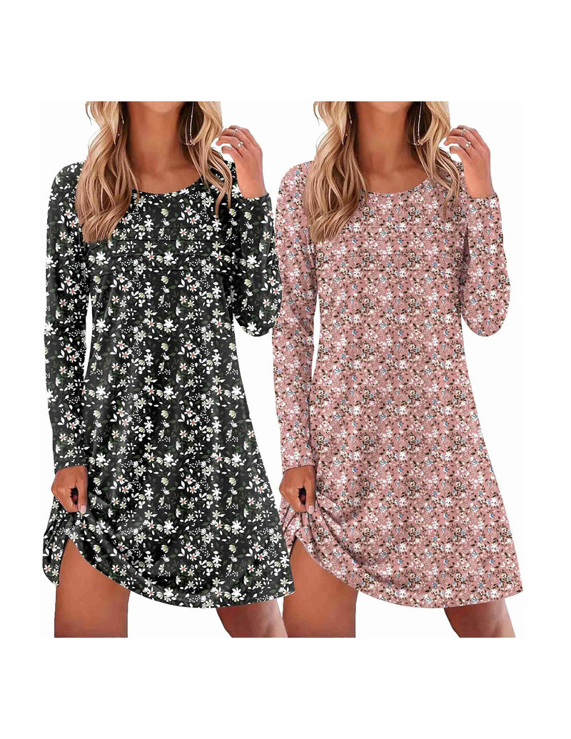 Ekouaer 2-Pack Long Sleeve Nightgowns Soft Sleepshirt Pajama Dress