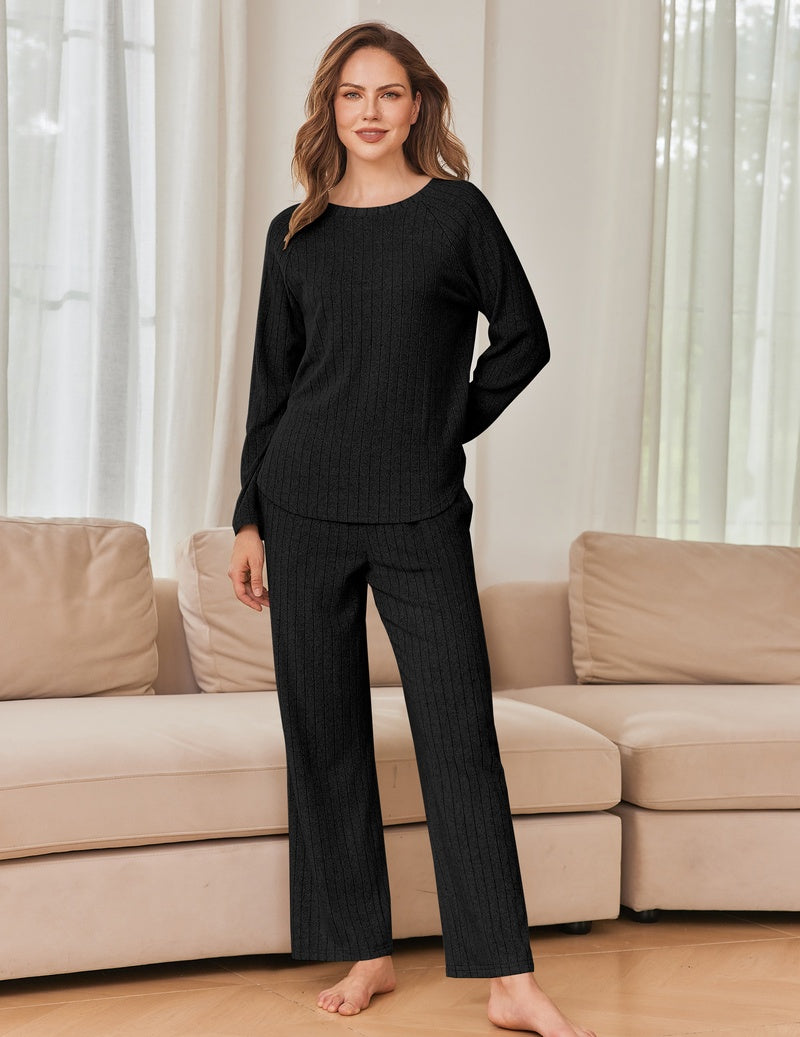 Black ribbed long-sleeve crew neck lounge set with high-low split hem top and pants