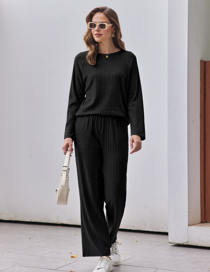 Black ribbed long-sleeve crew neck lounge set with high-low split hem top and pants