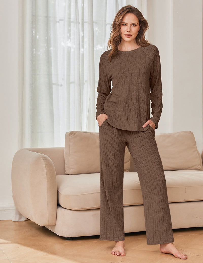 Taupe brown ribbed long-sleeve crew neck lounge set with high-low split hem top and pants